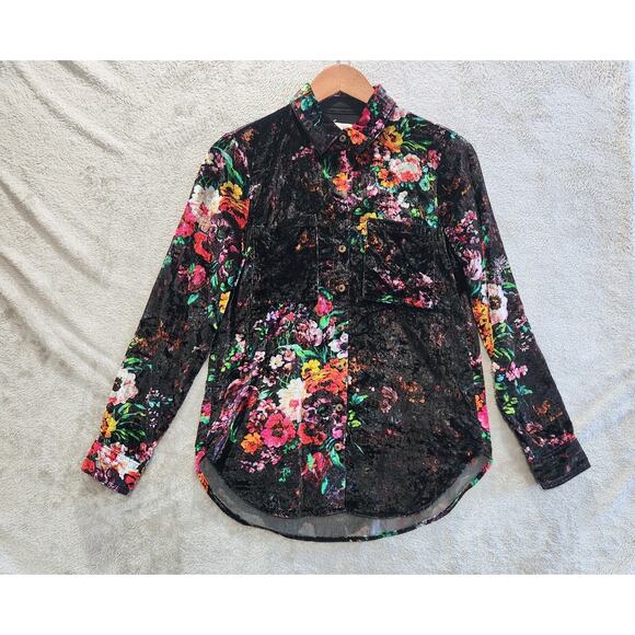 Anthropologie Pilcro Black Relaxed Velvet Button Down Shirt Size XXS Oversized - Picture 1 of 11